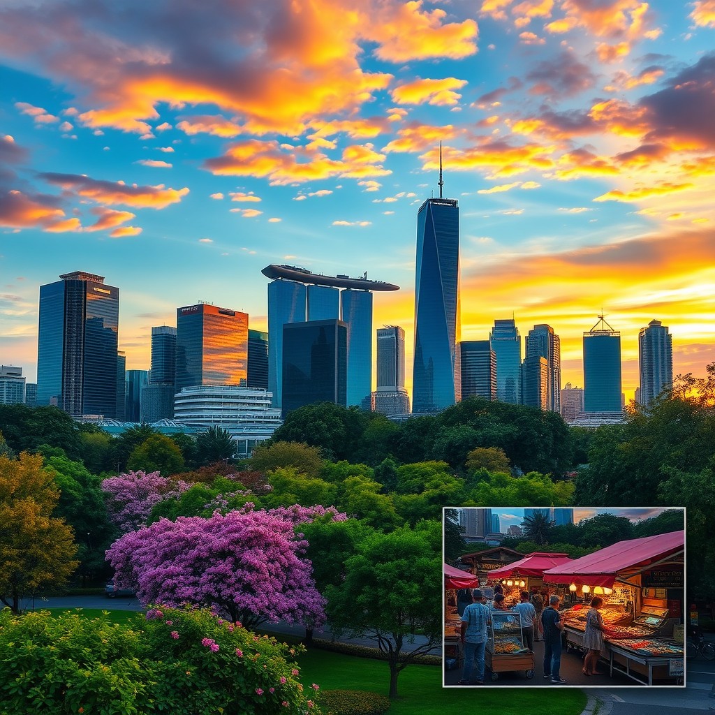 A vibrant city skyline at sunset with colorful clouds reflecting off glass skyscrapers
