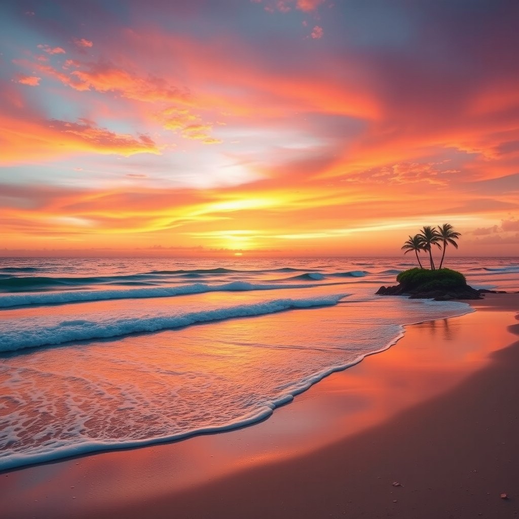 A stunning landscape featuring a vibrant sunset over a serene beach, with waves gently lapping at the shore