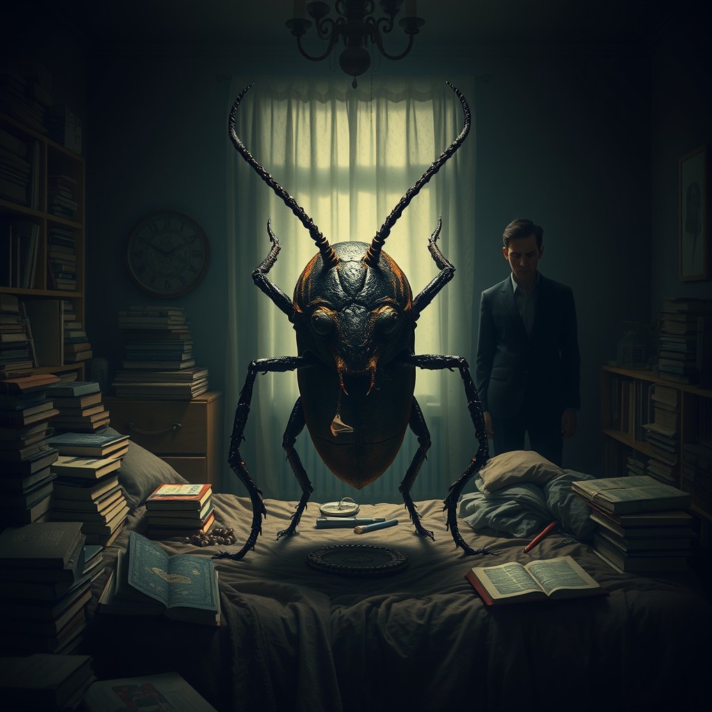 A surreal and visually striking depiction inspired by Franz Kafka's 'The Metamorphosis', featuring a giant insect-like creature transforming in a dimly lit bedroom