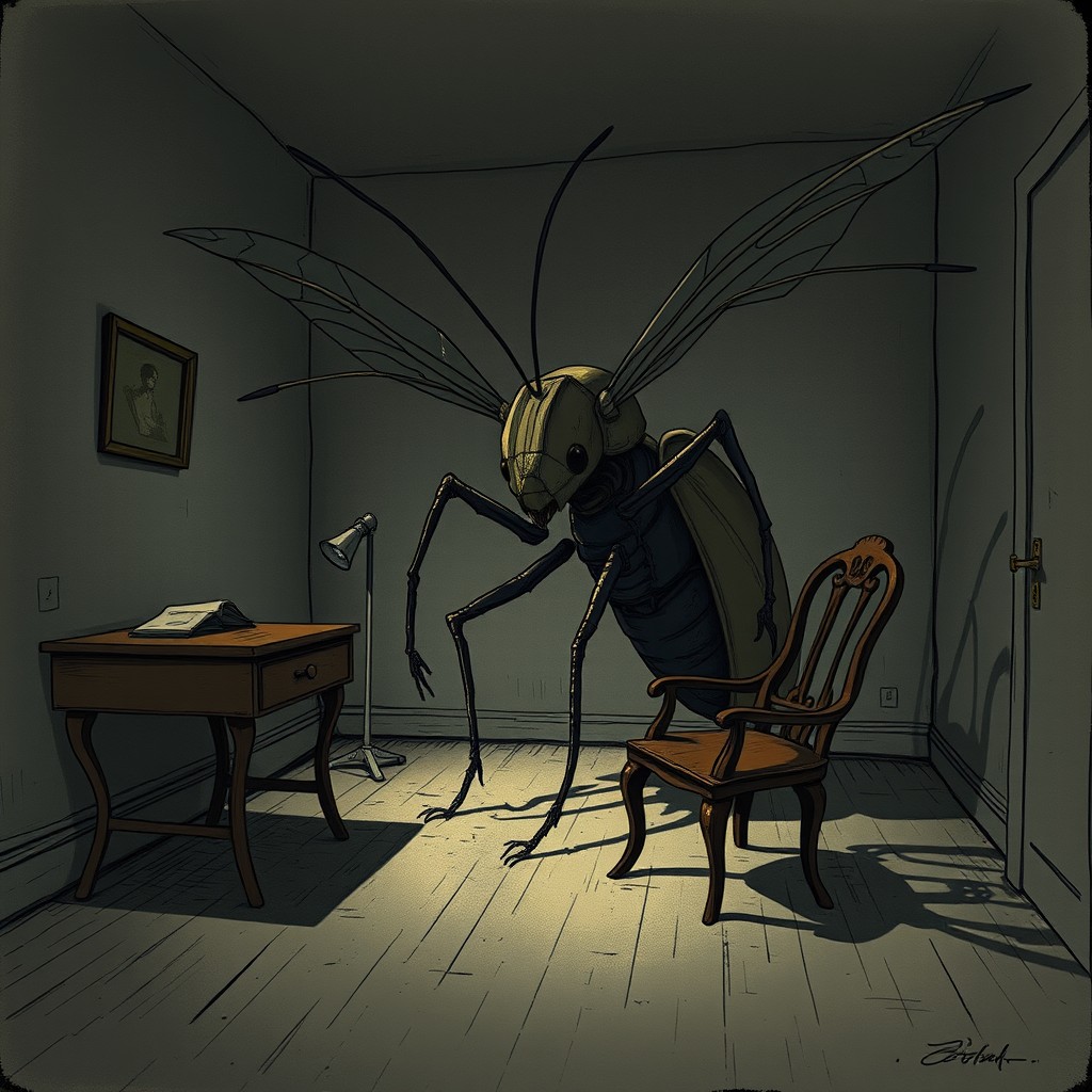 An illustration inspired by the themes of existentialism and transformation in Franz Kafka's 'La Metamorfosis'