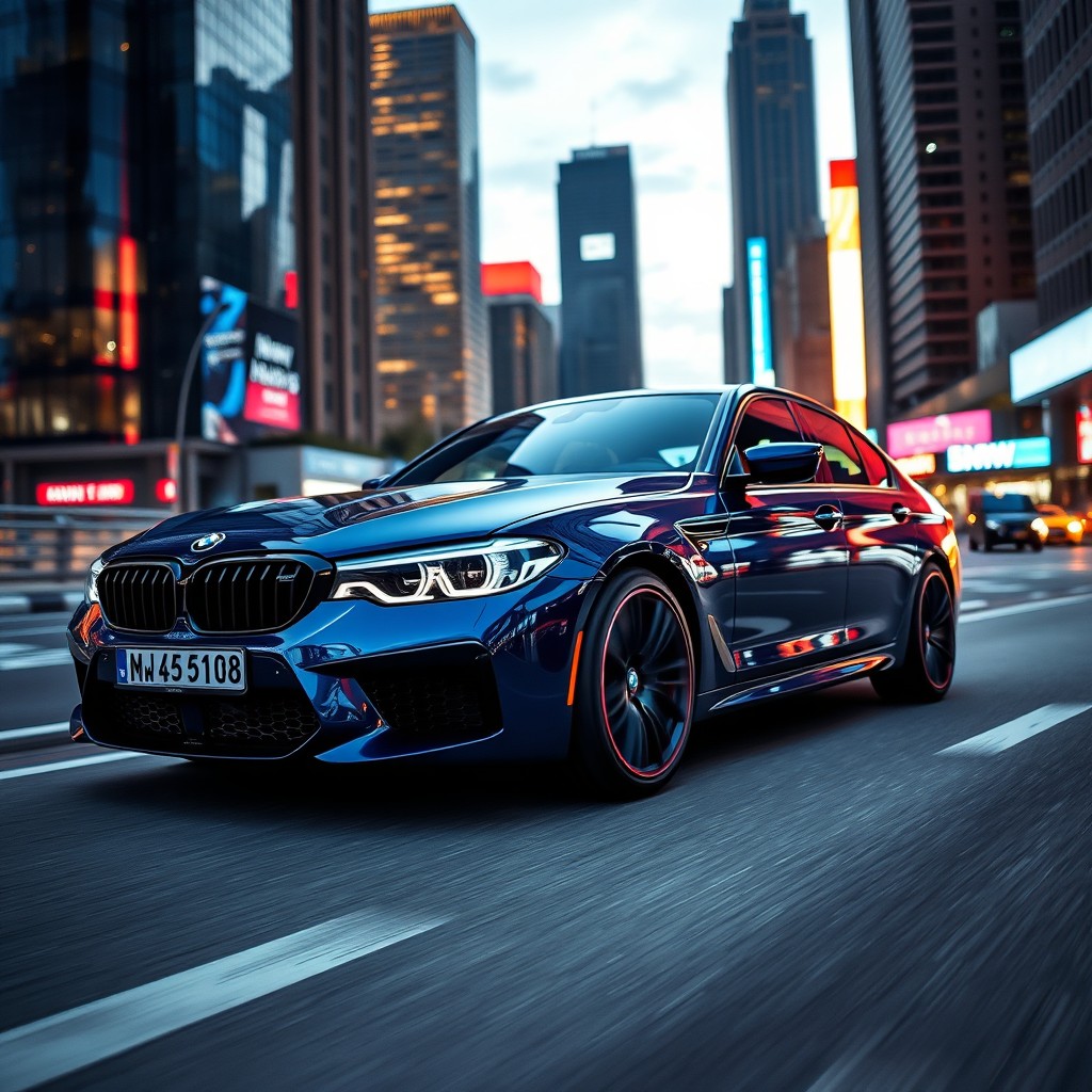 A sleek BMW M5 F90 parked in a modern urban environment