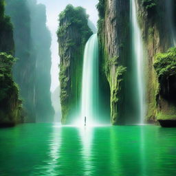 A high-tech teleportation device located by a green water lake and cliffs with a gushing waterfall, capable of instantaneous travel, like stepping through a door directly to Hanoi.