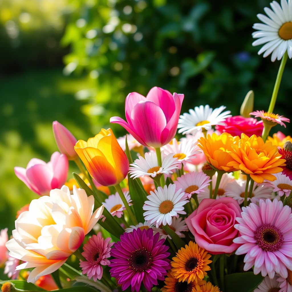 A vibrant and colorful arrangement of various flowers, including tulips, roses, and daisies, set against a soft-focus background of a lush green garden