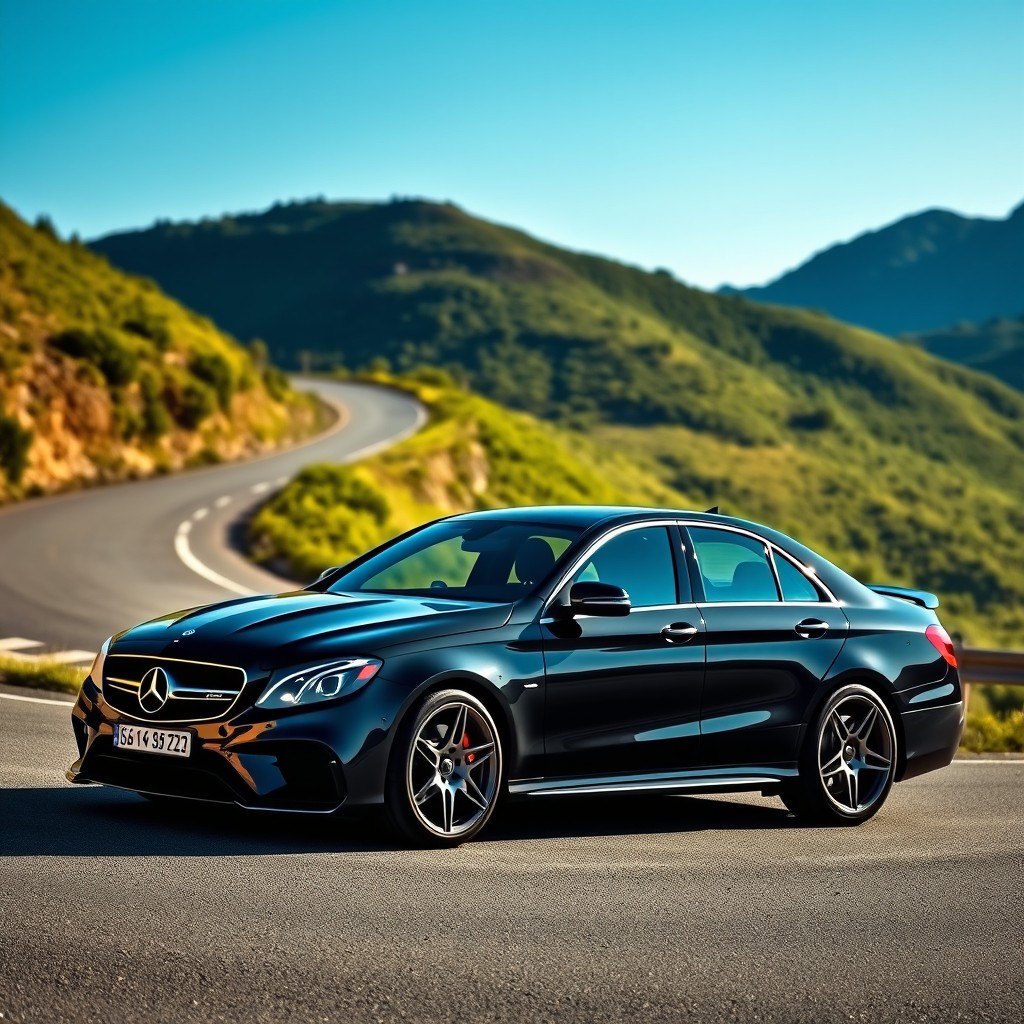 A stunning Mercedes E63s AMG in a sleek black color, showcasing its aggressive stance and sporty design
