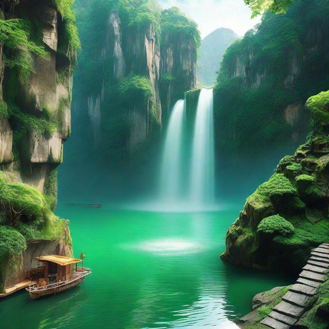 A high-tech teleportation device located by a green water lake and cliffs with a gushing waterfall, capable of instantaneous travel, like stepping through a door directly to Hanoi.