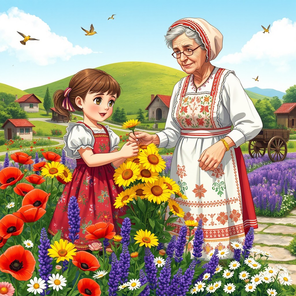 A warm sunny day in the Balkans with a colorful garden filled with blooming flowers like bright red poppies, yellow sunflowers, soft pink roses, purple lavender, and white daisies