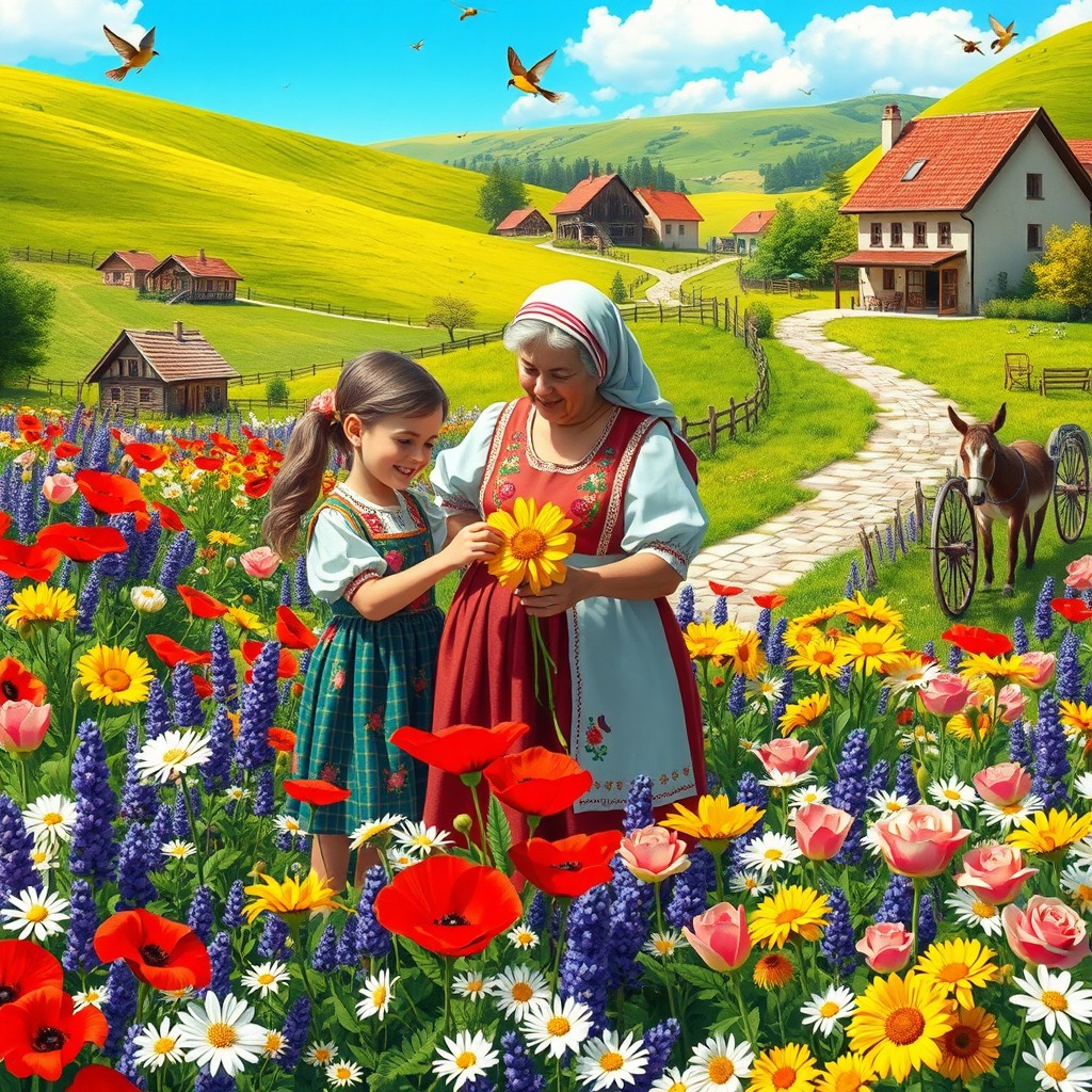A warm, sunny day in the Balkans featuring a colorful garden filled with blooming flowers such as bright red poppies, yellow sunflowers, soft pink roses, purple lavender, and white daisies