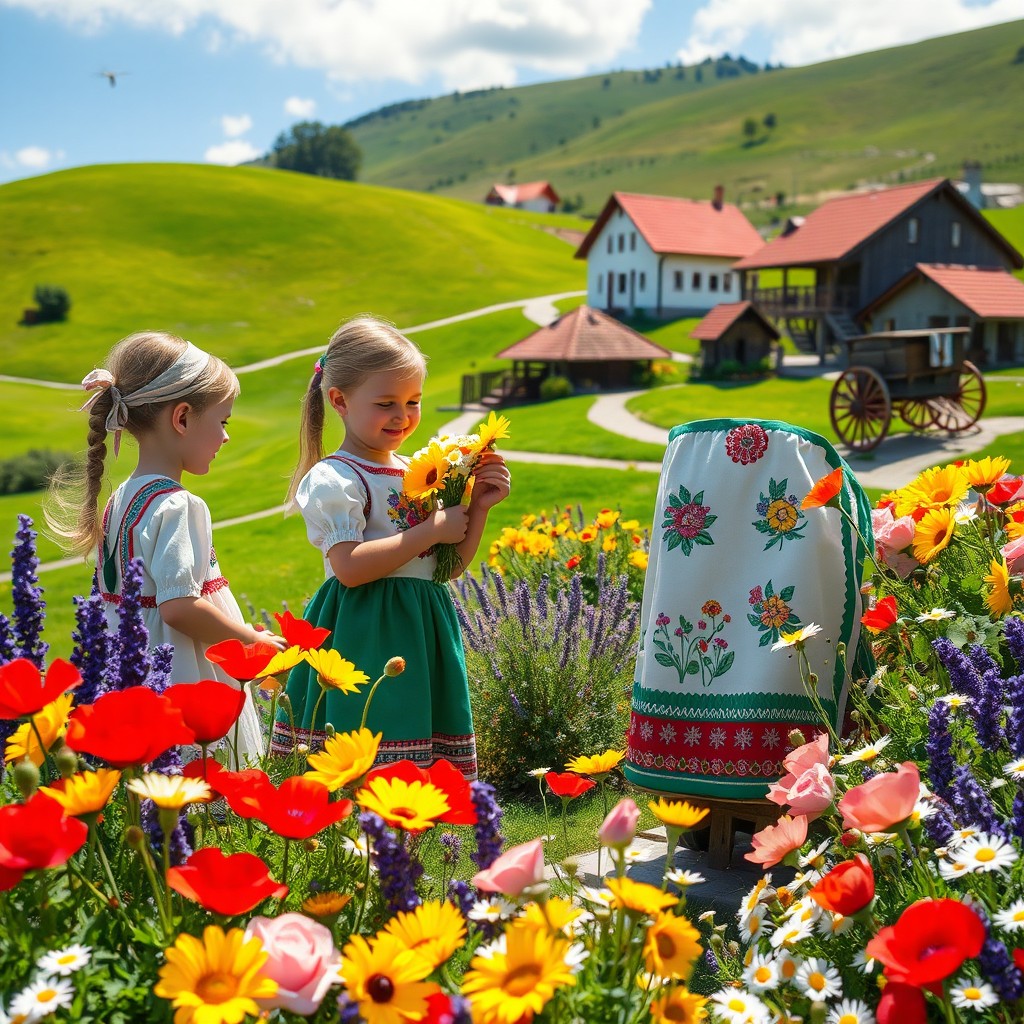 A warm sunny day in the Balkans, featuring a colorful garden overflowing with blooming flowers such as bright red poppies, yellow sunflowers, soft pink roses, purple lavender, and white daisies