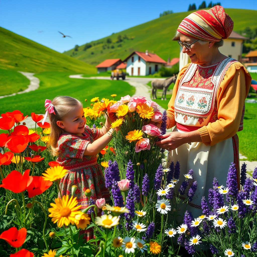 A warm sunny day in the Balkans featuring a colorful garden filled with blooming flowers: bright red poppies, yellow sunflowers, soft pink roses, purple lavender, and white daisies