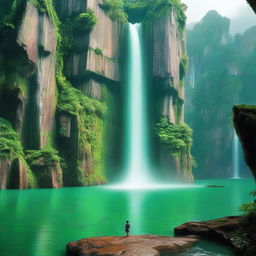 A high-tech teleportation device located by a green water lake and cliffs with a gushing waterfall, capable of instantaneous travel, like stepping through a door directly to Hanoi.