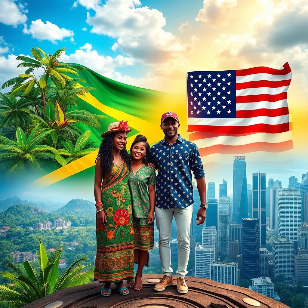 An artistic representation depicting external migration themes between Guyana and America