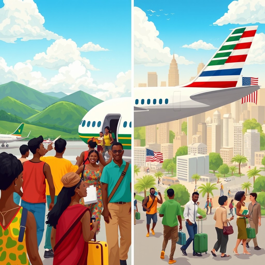 A detailed illustration representing external migration between Guyana and America