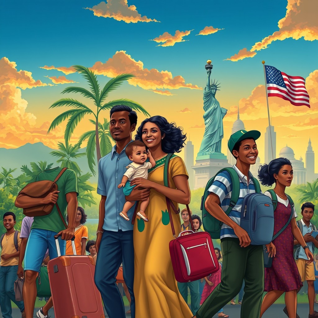 A detailed illustration depicting the theme of external migration specifically between Guyana and America