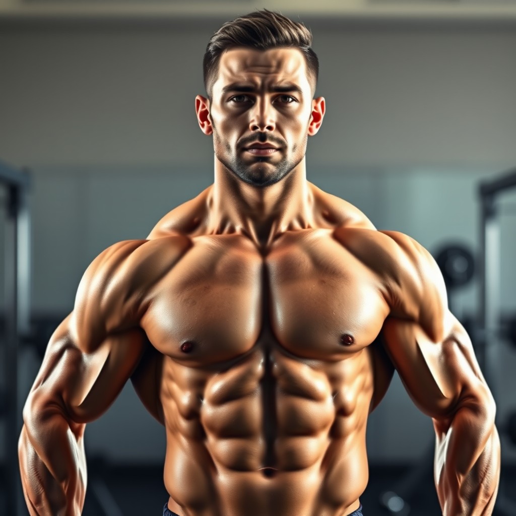 A hyper-realistic image of an athletic male figure, showcasing a muscular and well-trained body