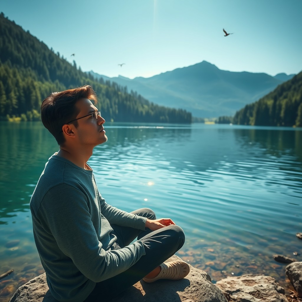 A serene and thought-provoking outdoor setting, featuring a tranquil lake surrounded by lush green forests and mountains in the background