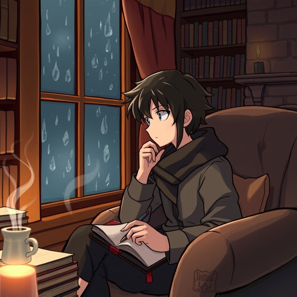 A thoughtful character sitting in a cozy room filled with books, a steaming cup of tea beside them, gazing out of a window with rain gently falling