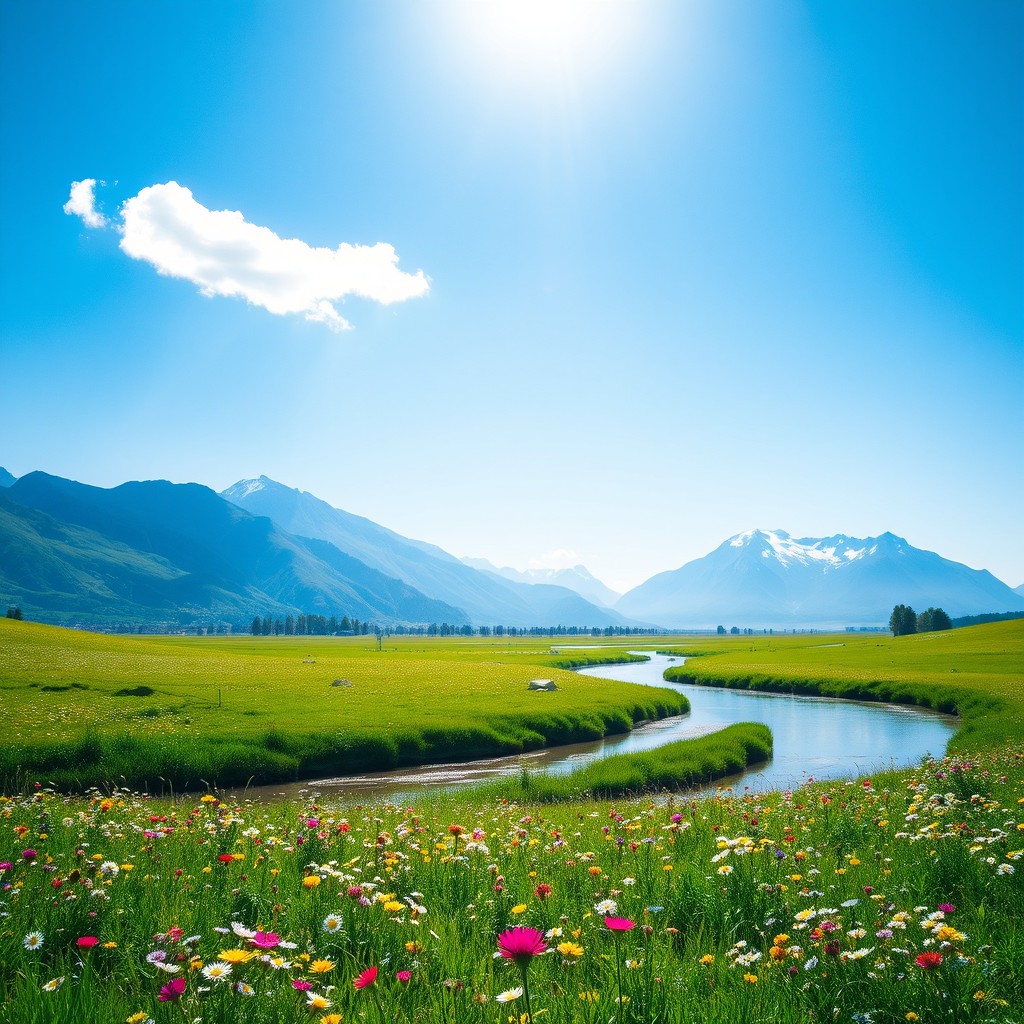 A serene and picturesque landscape featuring a lush green meadow filled with blooming wildflowers beneath a clear blue sky