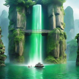 A high-tech teleportation device located by a green water lake and cliffs with a gushing waterfall, capable of instantaneous travel, like stepping through a door directly to Hanoi.