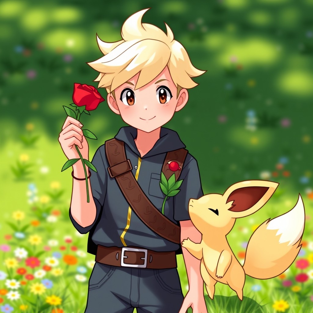 A young blonde boy with classic hairstyle, dressed as a Pokémon trainer, confidently standing in a vibrant outdoor setting