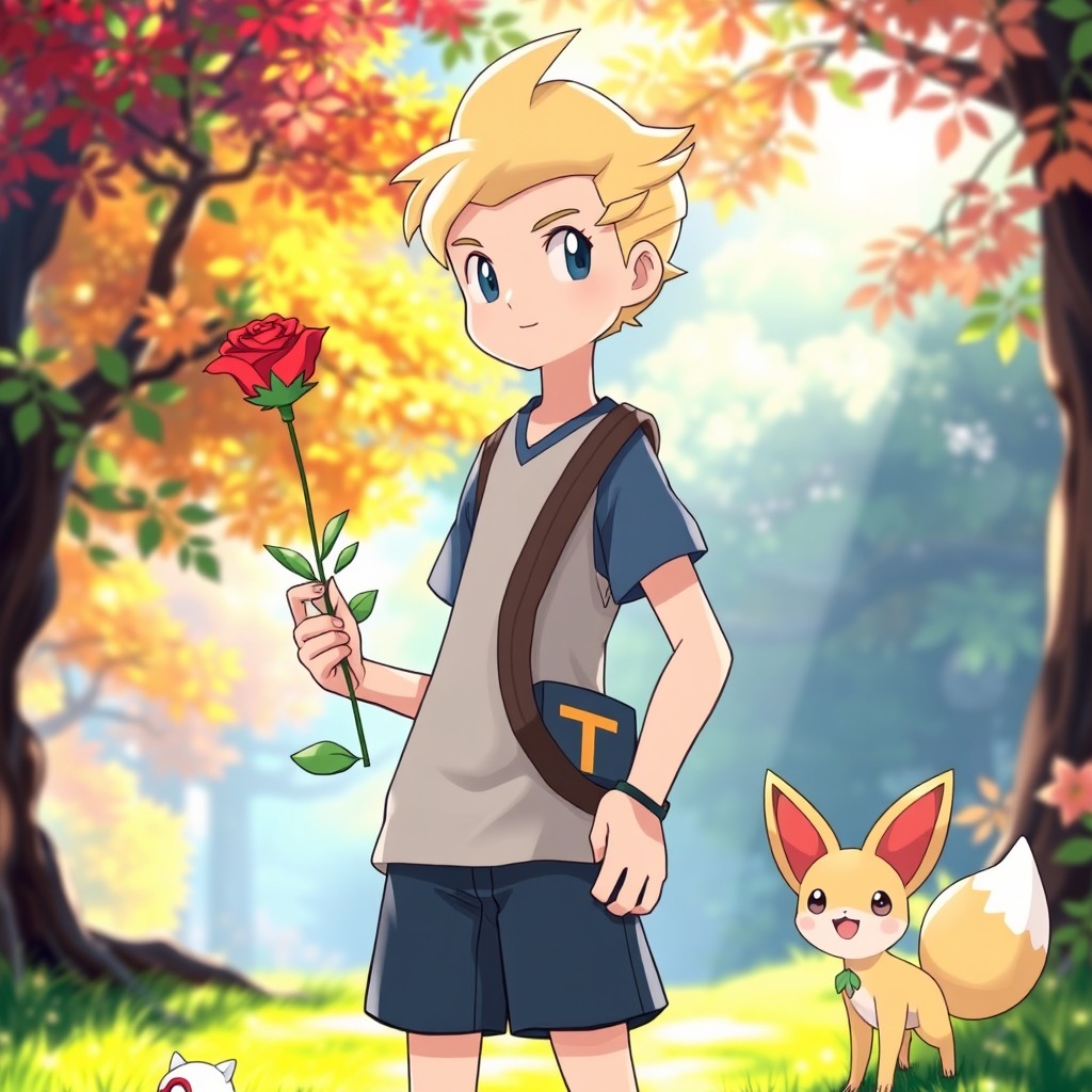 A blonde boy with a classic hairstyle, standing confidently as a Pokémon trainer