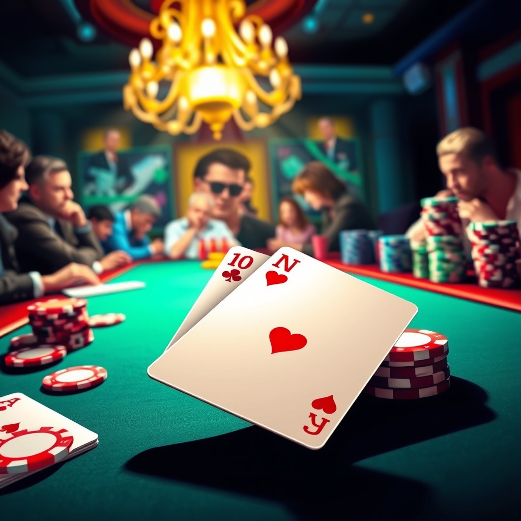 A vibrant and colorful illustration of a poker table scene with an intense atmosphere