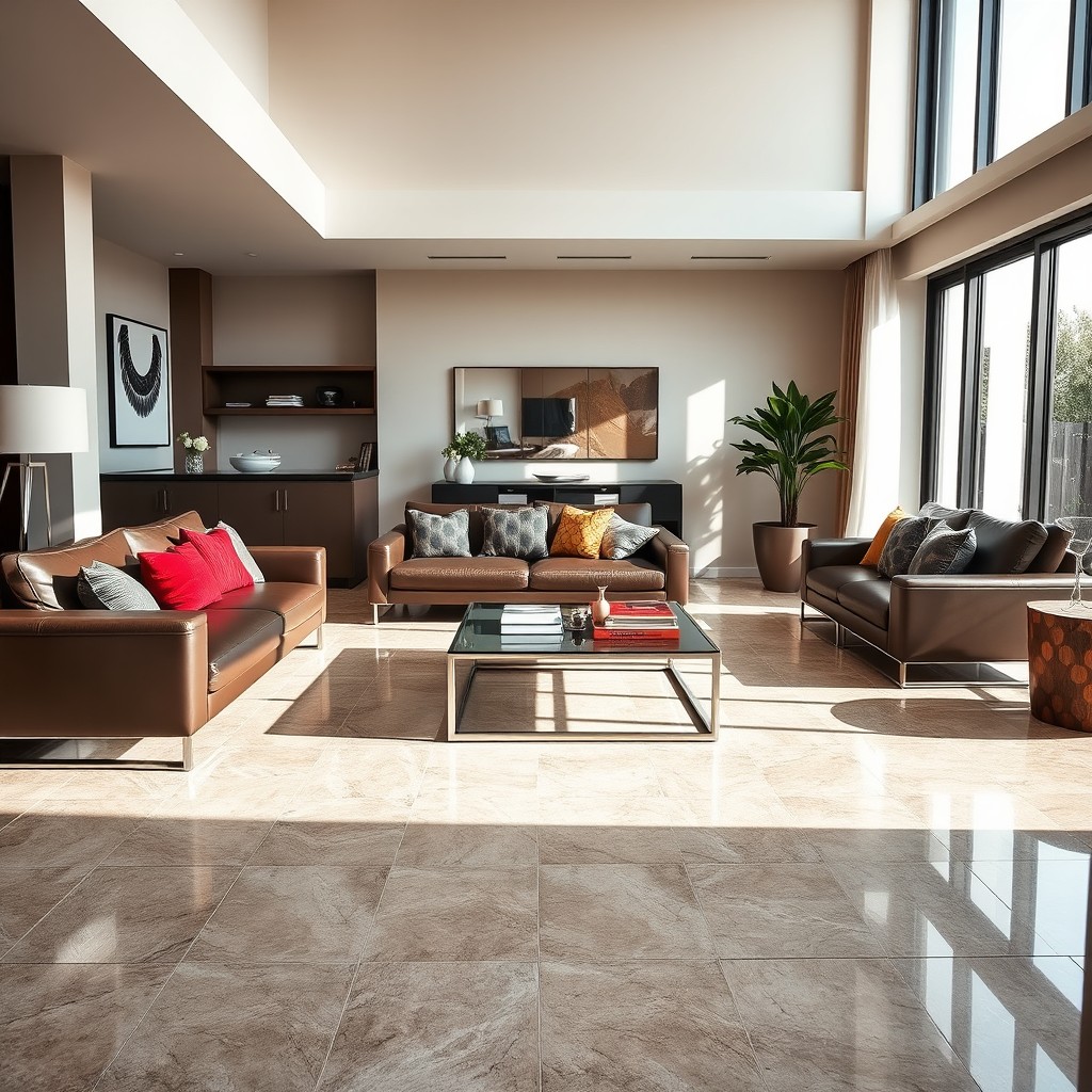 A stylish modern living room featuring luxurious leather furniture, complemented by elegant porcelain tiles on the floor