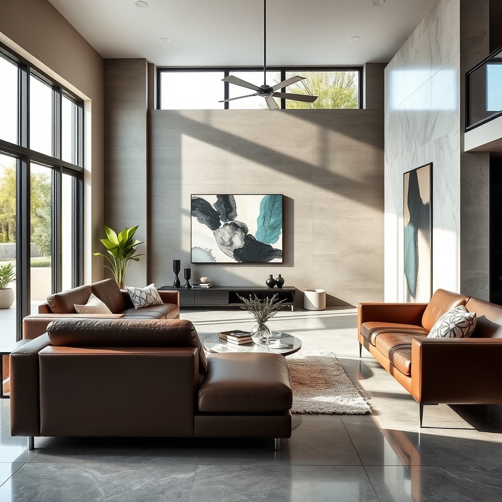 A modern interior design featuring contemporary leather furniture, showcased in a stylish living room setting