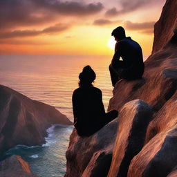 Visualize a man deep in thought about a woman. The woman is side faced, beautifully situated on a rocky cliff with a backdrop of a captivating sunset.