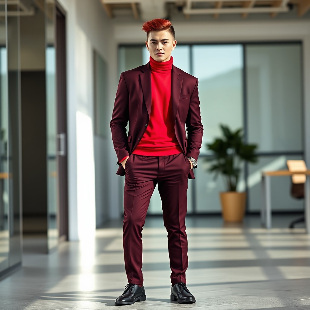 A stylish individual showcasing a bold fashion choice in a dark red suit paired with a matching red turtleneck shirt, perfectly tailored for a modern office environment