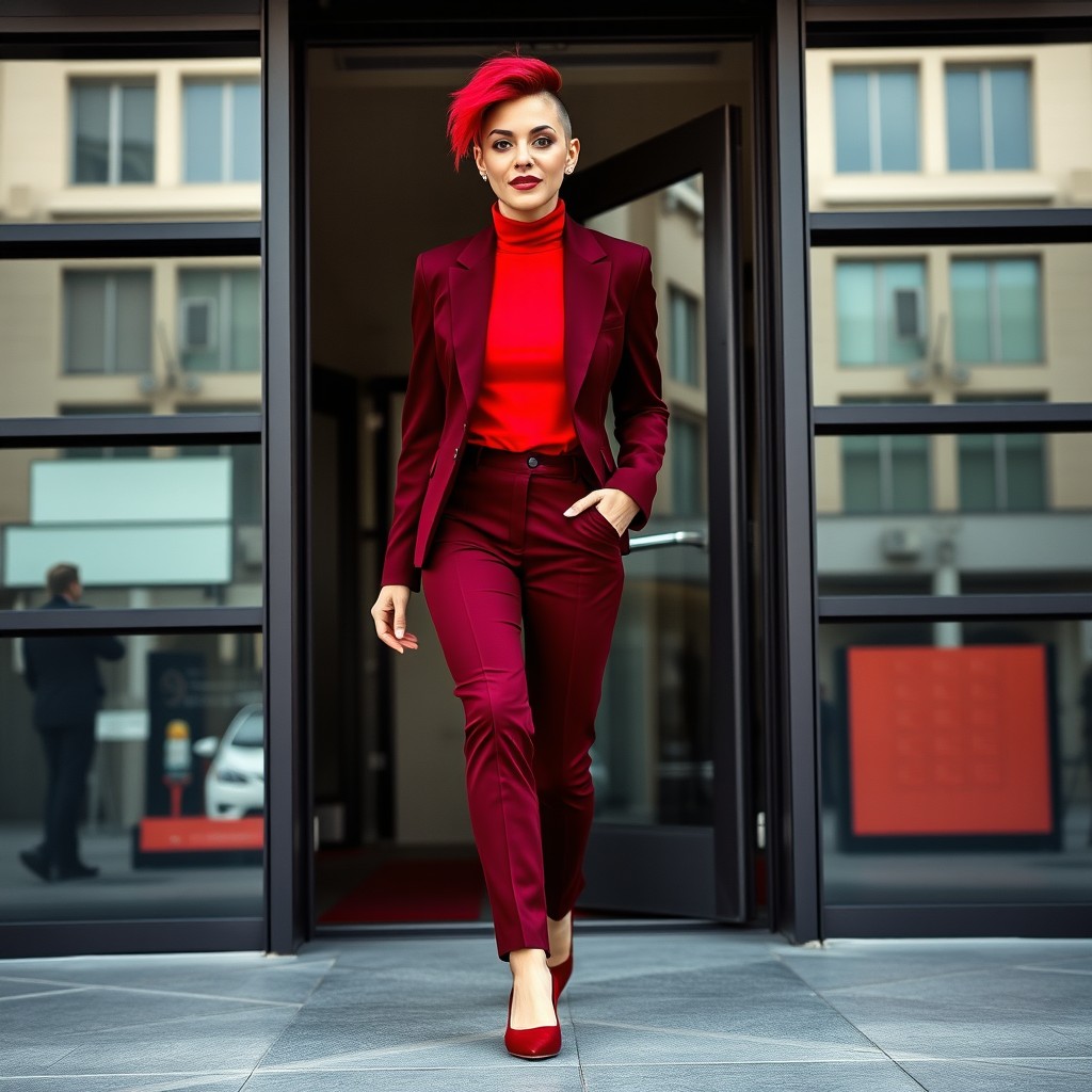A confident woman stepping out with brisk strides, fully embodying a modern professional aesthetic
