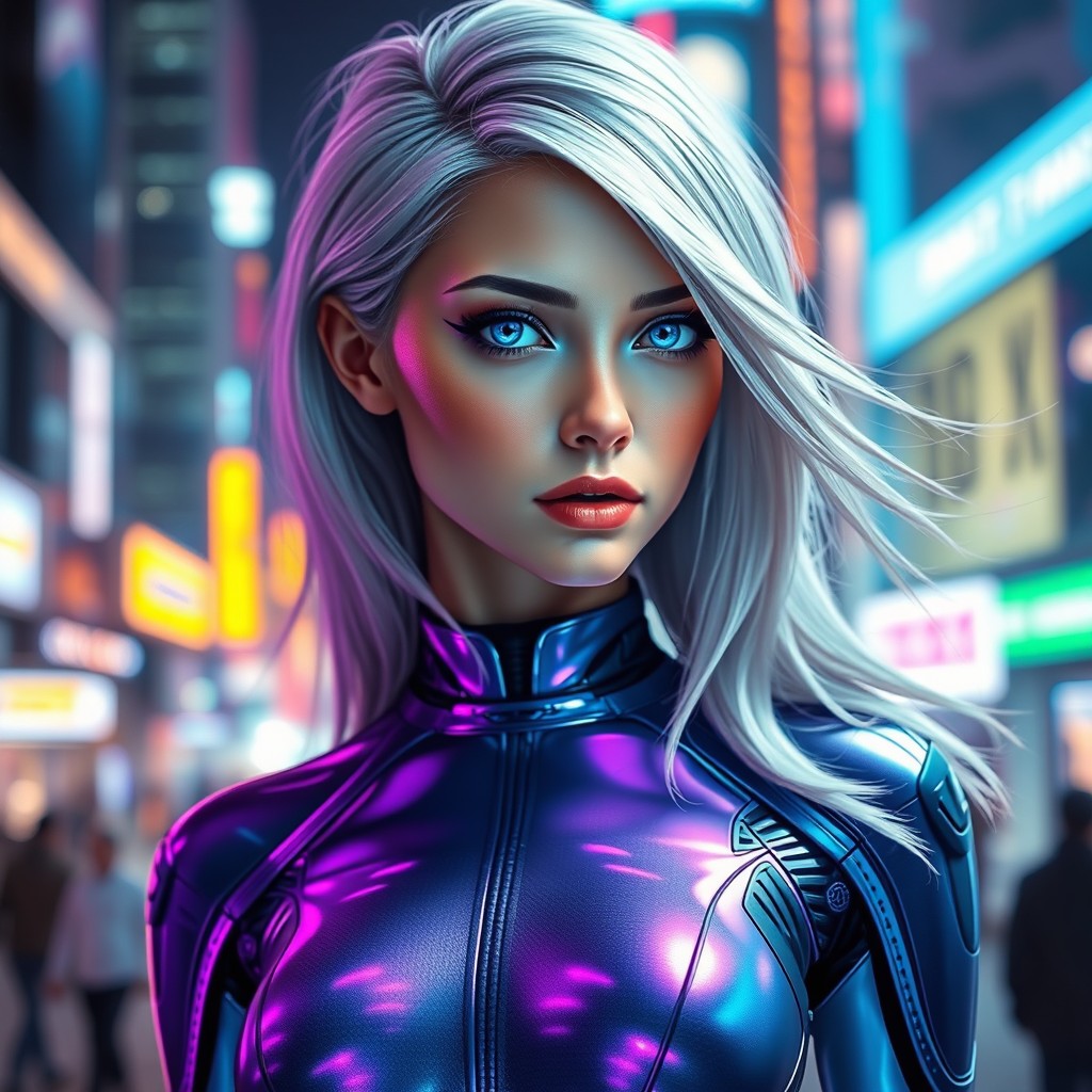 A captivating portrait of an AI model girl with striking features, showcasing her futuristic style
