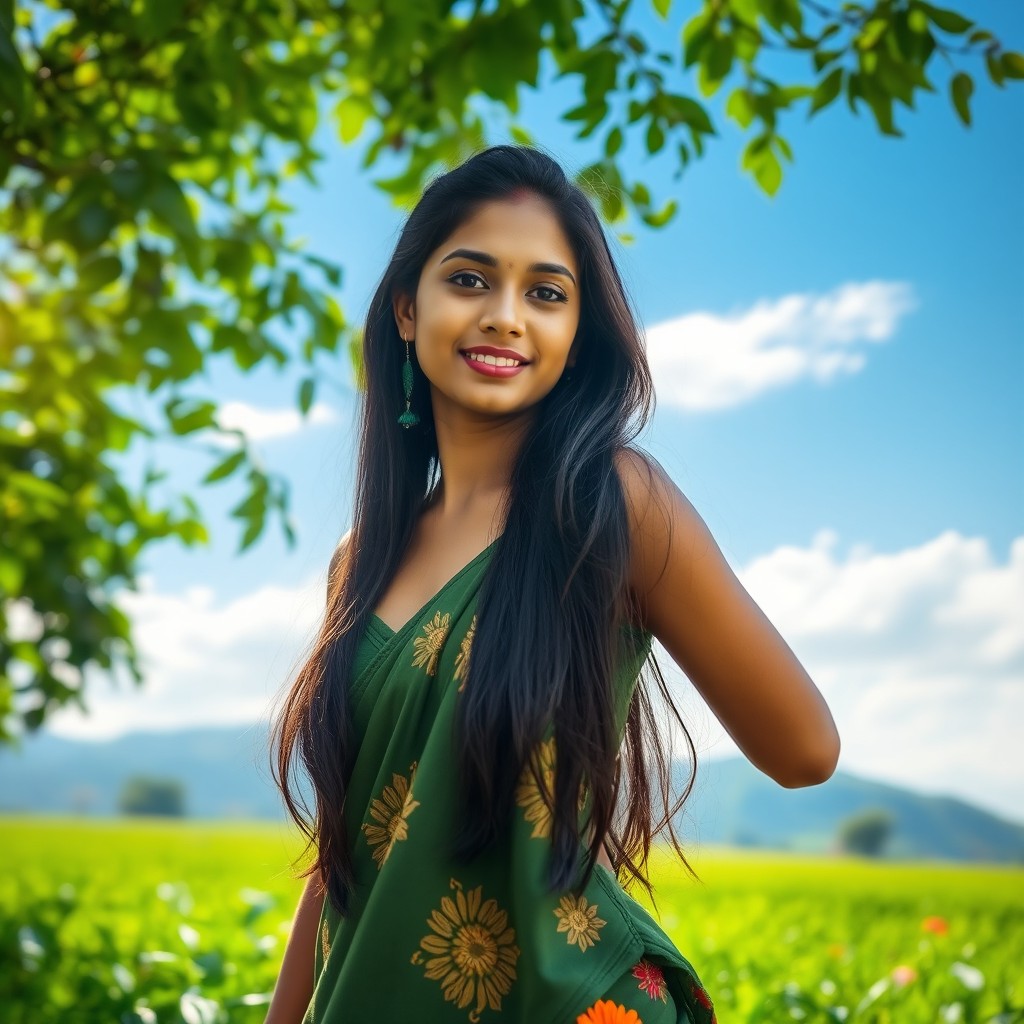 A beautiful young woman of Kerala heritage standing confidently in a lush green field, surrounded by vibrant flora