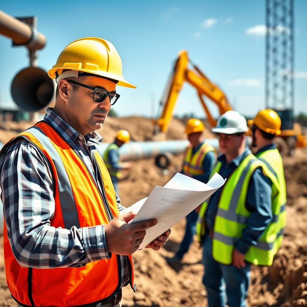 A construction site scene featuring a water supply project overseen by a construction manager