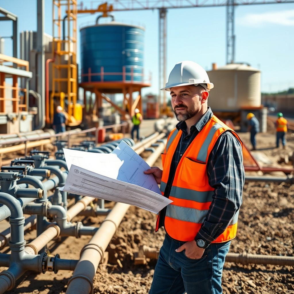 A water supply foreman standing confidently on a construction site