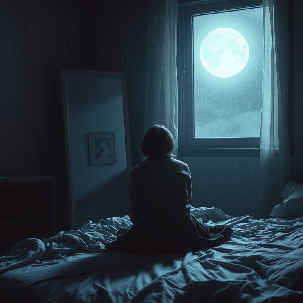 A romantic and melancholic scene depicting a solitary person sitting at the edge of a messy bed, absorbed in a photo reflected in a foggy mirror