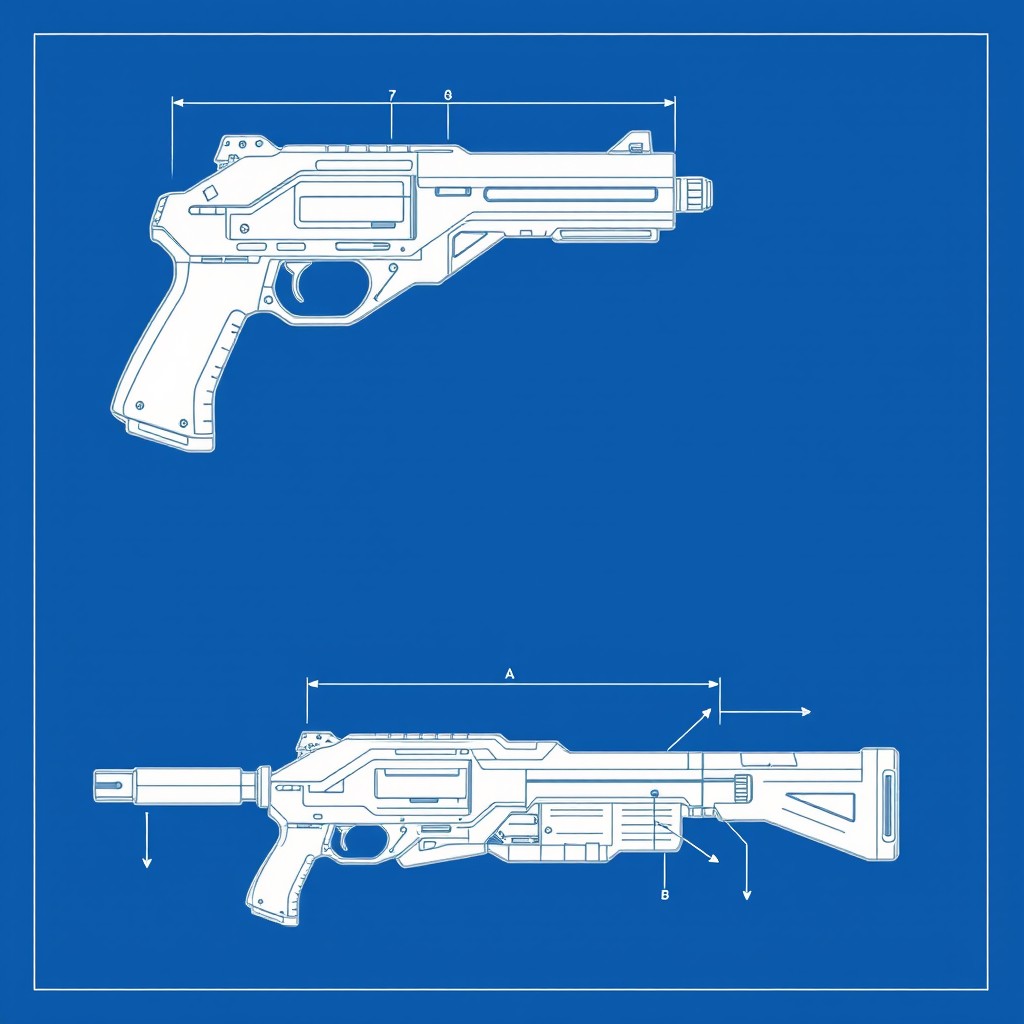 High-detail blueprint schematic of a futuristic sci-fi weapon for cosplay, featuring two sleek angular pistols shown side by side labeled 'Module A' and 'Module B'