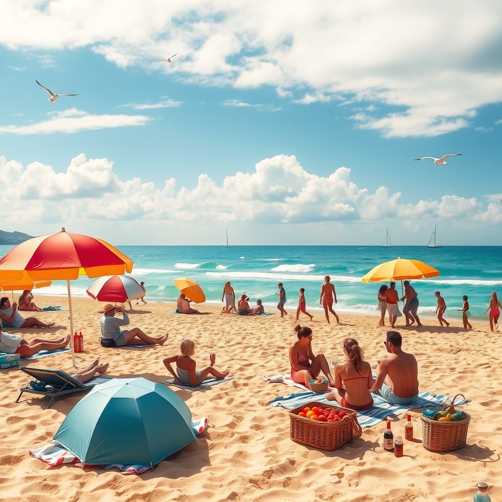 A vibrant summer scene at the beach, featuring golden sands, bright blue ocean waves gently lapping at the shore, and a clear sky filled with soft white clouds