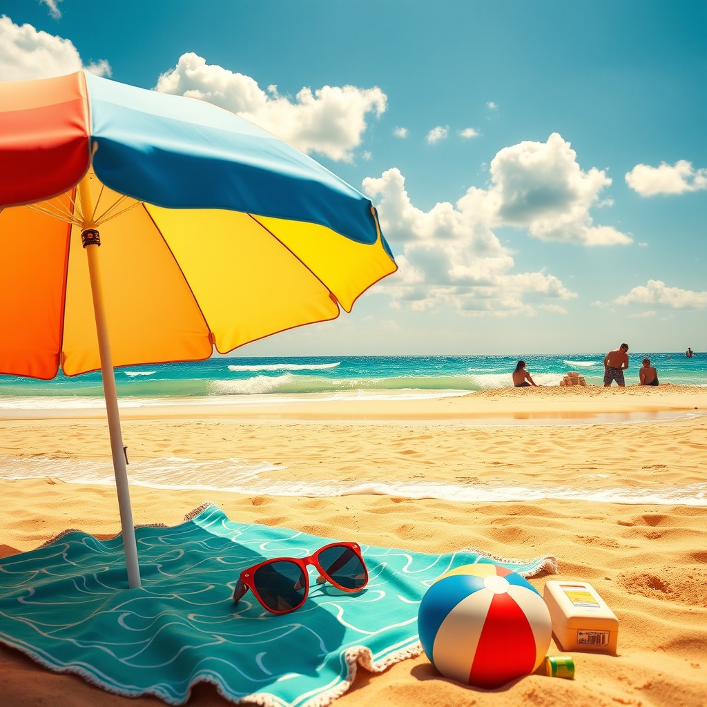 A vibrant and cheerful summer scene featuring a sunny beach with golden sand, azure waves gently lapping at the shore, and a bright blue sky dotted with fluffy white clouds