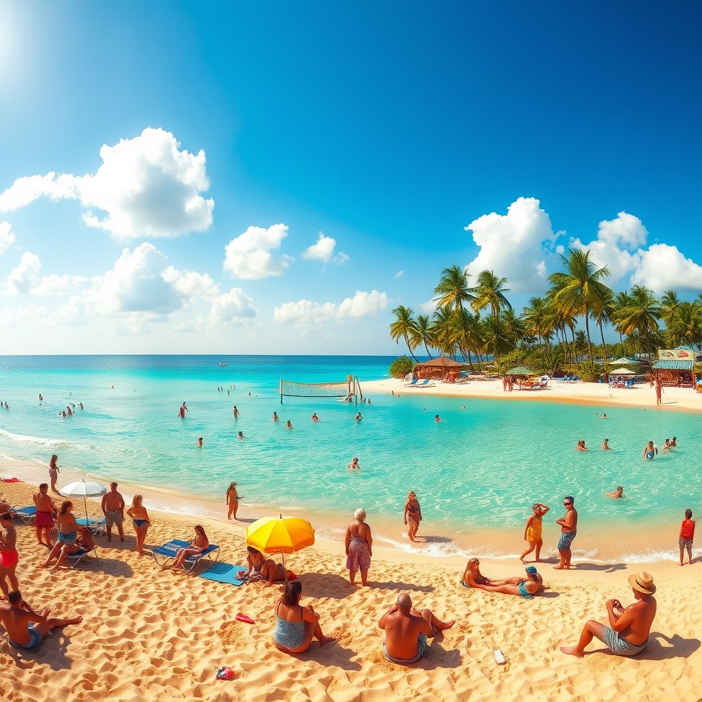A vibrant summer scene featuring a beautiful beach with golden sands, crystal clear turquoise waters gently lapping at the shore