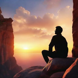 Visualize a man deep in thought about a woman. The woman is side faced, beautifully situated on a rocky cliff with a backdrop of a captivating sunset.