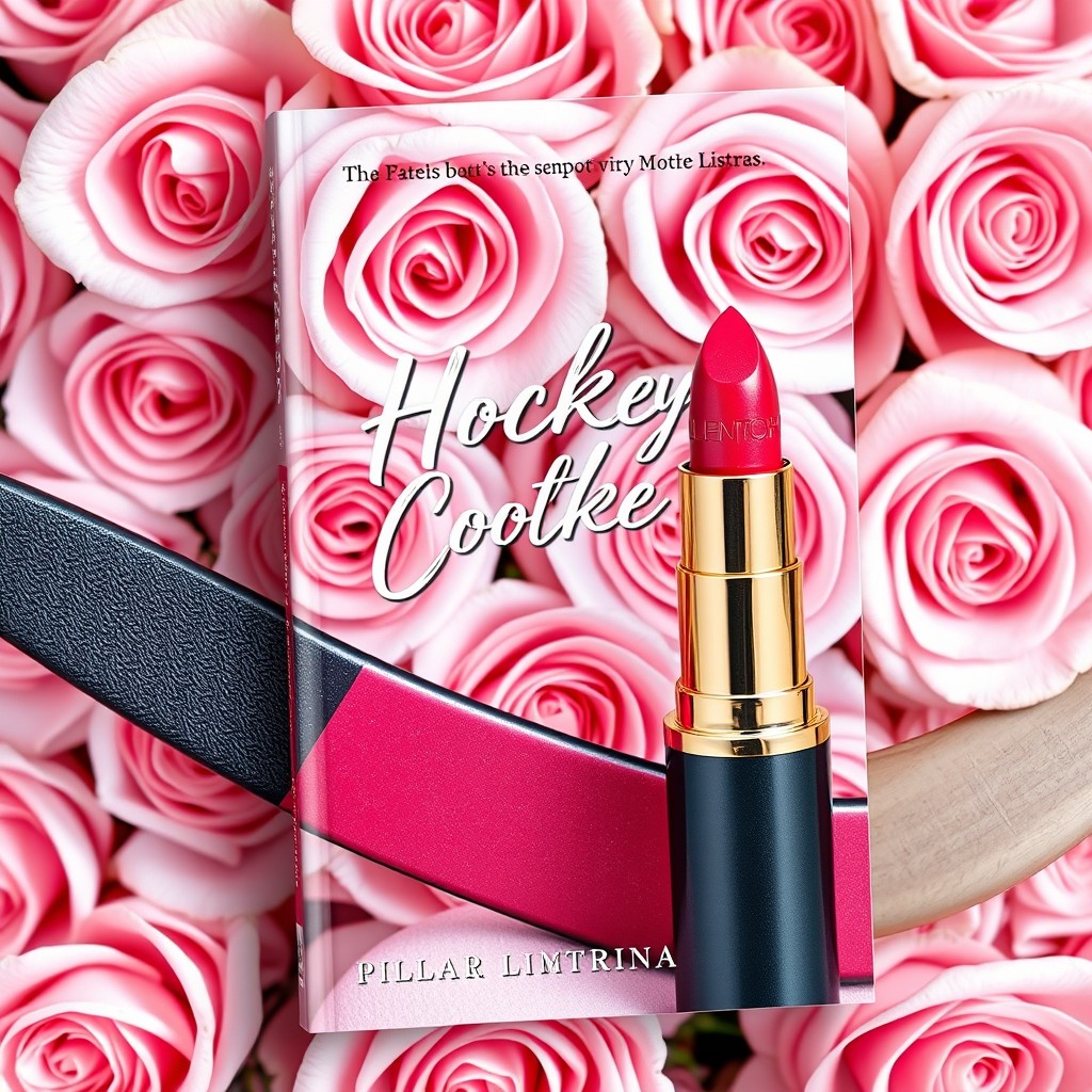 A vibrant and eye-catching book cover featuring a hockey stick artistically positioned in the foreground, alongside a bold lipstick tube
