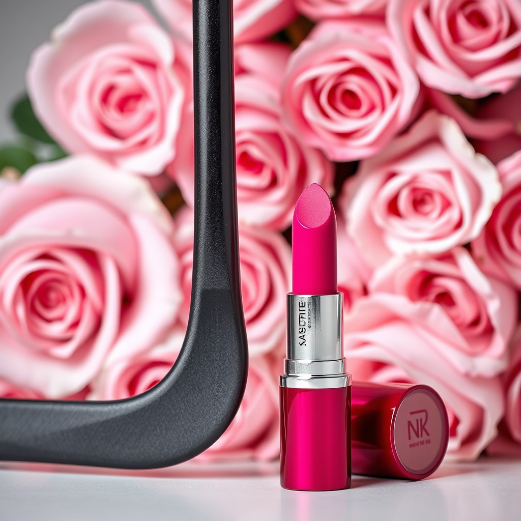 A visually striking composition featuring a hockey stick elegantly positioned beside a vibrant lipstick tube, set against a beautifully arranged backdrop of delicate pink roses