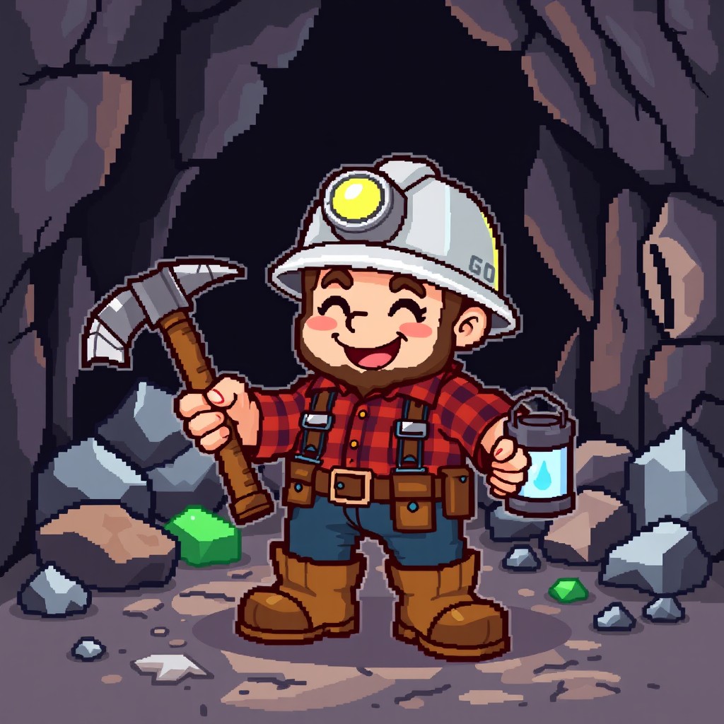 A pixel art character of a miner, featuring a small, stout figure adorned with a classic miner's helmet and a headlamp