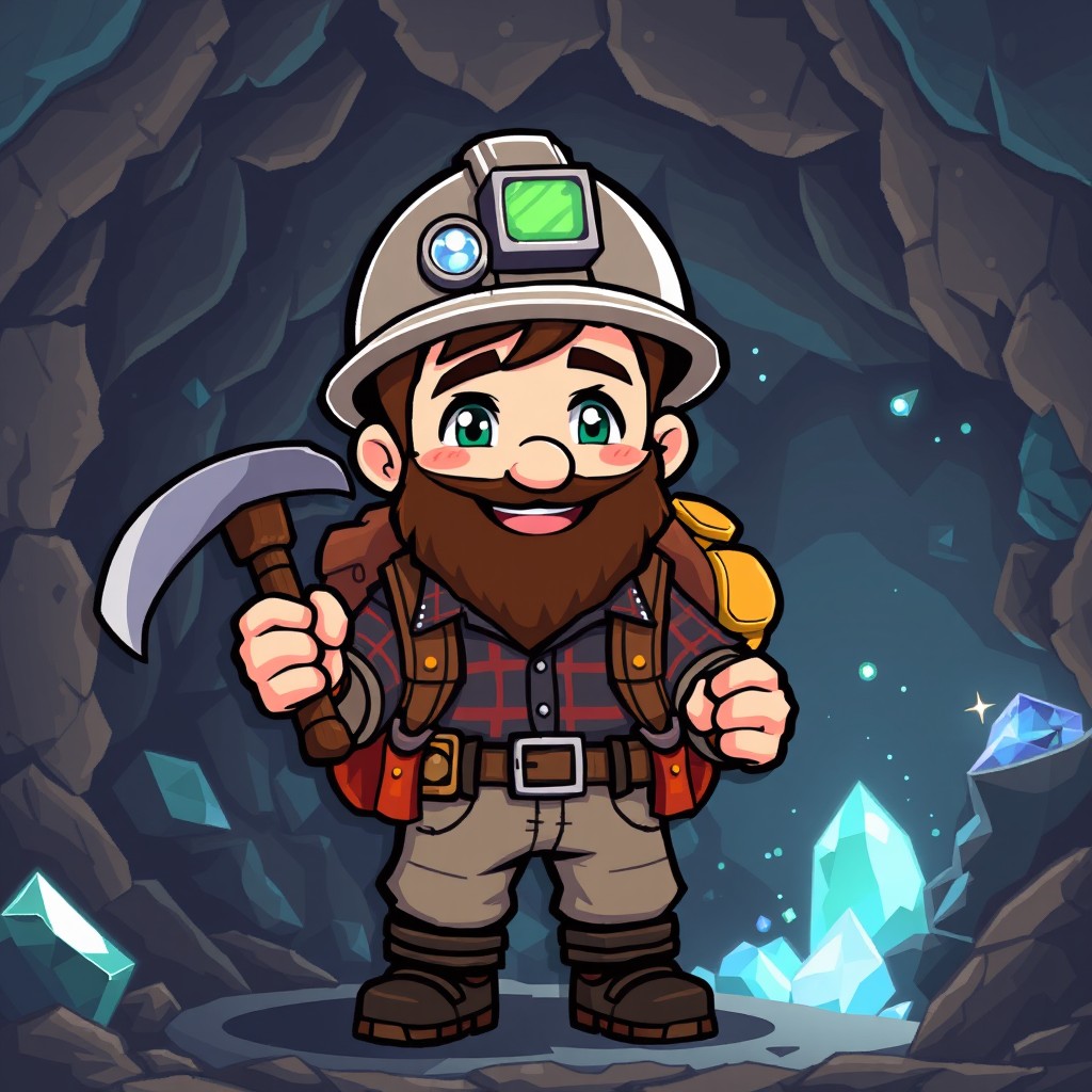 A charming pixel art miner character, designed in a retro 8-bit style, wearing a hard hat with a headlamp, a rugged outfit including a plaid shirt and durable pants
