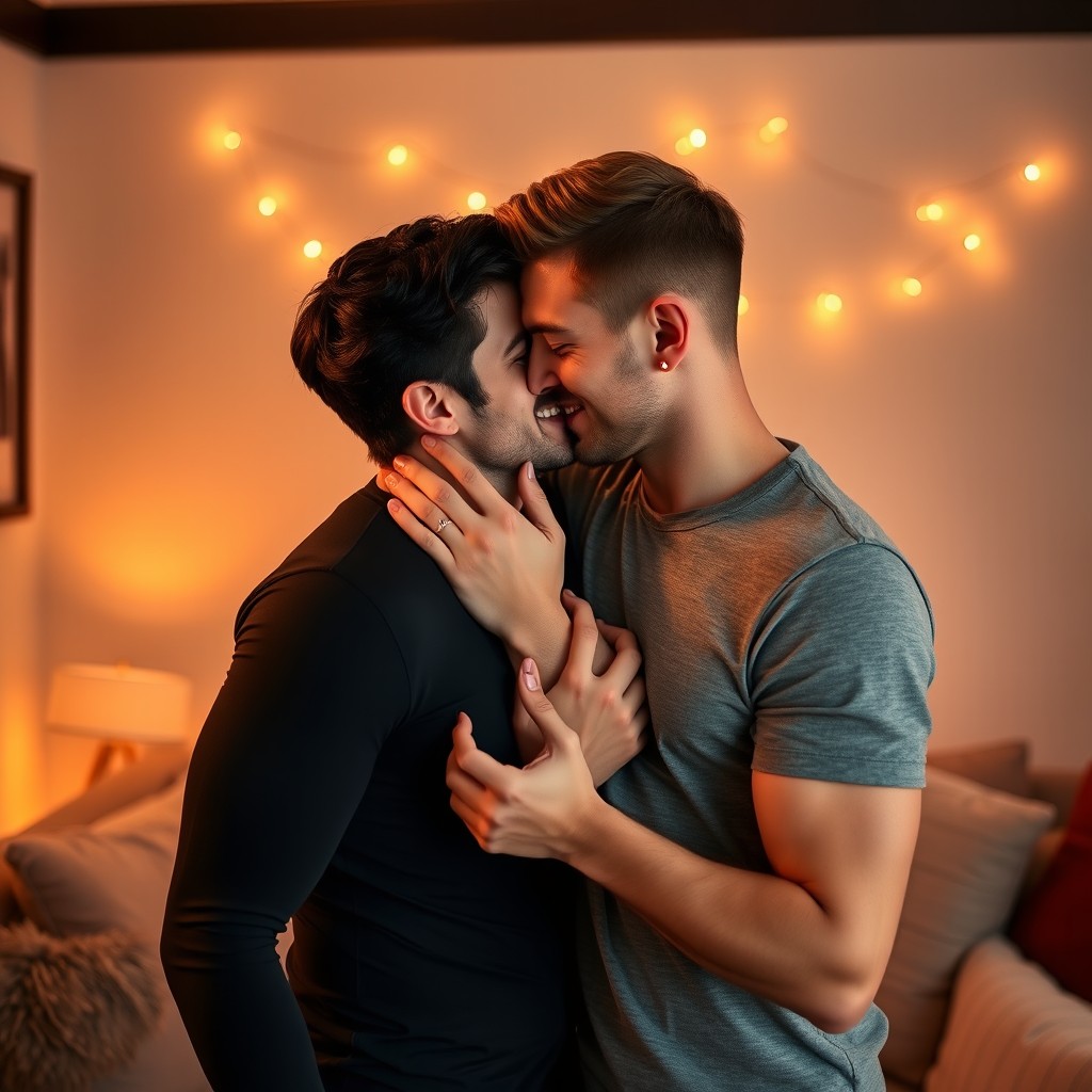Two handsome gay men engaged in an intimate moment, showcasing their connection and chemistry