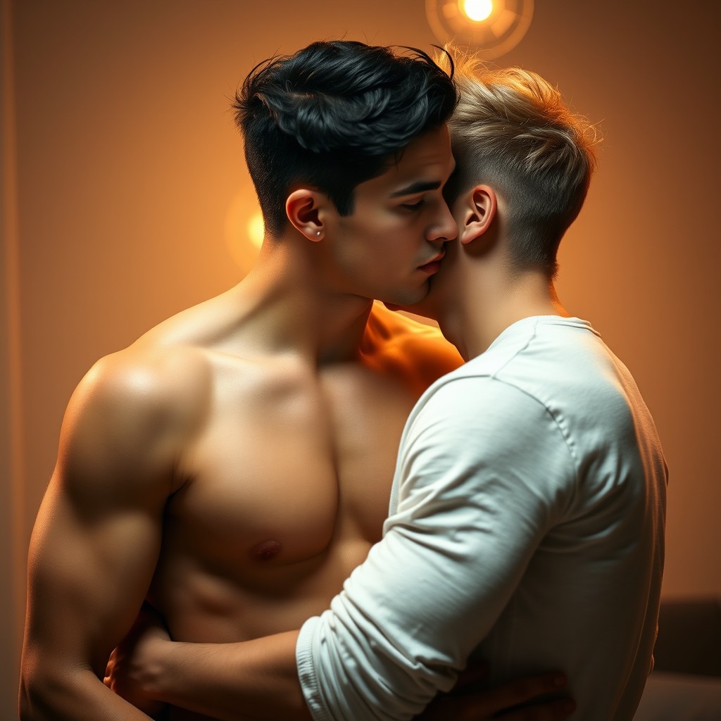 A beautiful and intimate scene featuring two handsome young men engaged in an affectionate and romantic moment, surrounded by soft, warm lighting that creates a cozy atmosphere