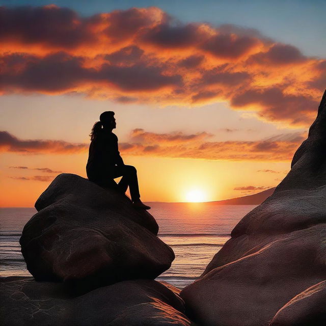 Visualize a man deep in thought about a woman. The woman is side faced, beautifully situated on a rocky cliff with a backdrop of a captivating sunset.