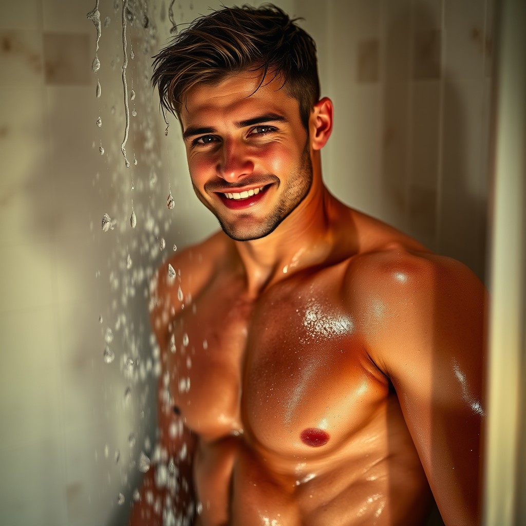 A handsome man taking a shower, with water droplets glistening on his toned body
