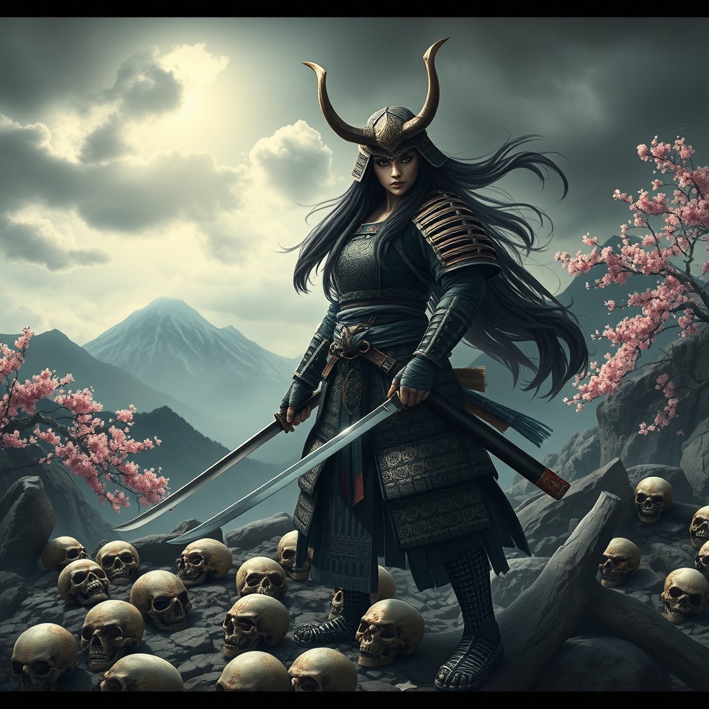 A powerful oni woman samurai warrior standing confidently in a dramatic landscape filled with ominous elements