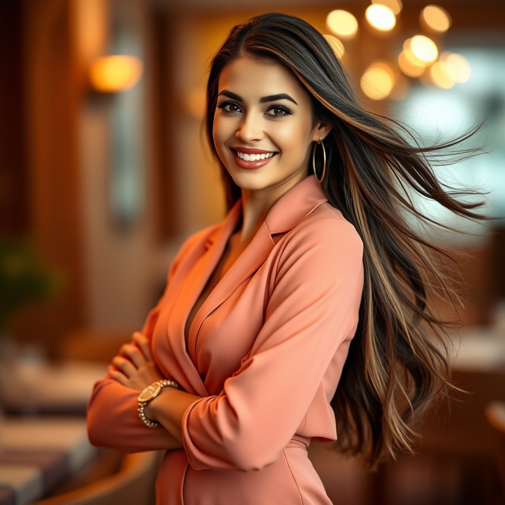 A stunning portrait of a confident woman standing in an elegant pose, wearing a tasteful outfit that exudes sophistication